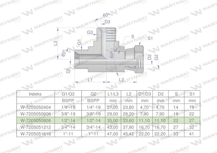 Trójnik hydrauliczny niesymetryczny calowy BBA 1/2" BSP (XEVL) Waryński