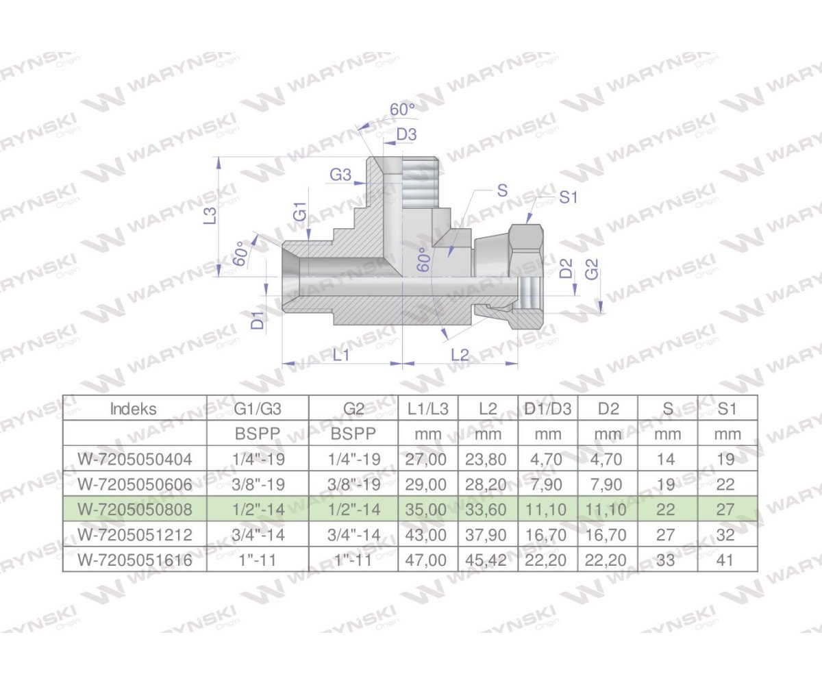 Trójnik hydrauliczny niesymetryczny calowy BBA 1/2" BSP (XEVL) Waryński