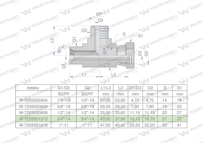 Trójnik hydrauliczny niesymetryczny calowy BBA 3/4" BSP (XEVL) Waryński