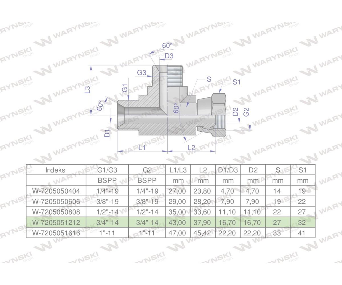 Trójnik hydrauliczny niesymetryczny calowy BBA 3/4" BSP (XEVL) Waryński