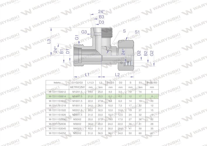 Trójnik hydrauliczny niesymetryczny metryczny BBA M14x1.5 08L (XEVL) Waryński ( sprzedawane po 2 )