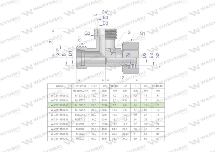 Trójnik hydrauliczny niesymetryczny metryczny BBA M16x1.5 10L (XEVL) Waryński ( sprzedawane po 2 )