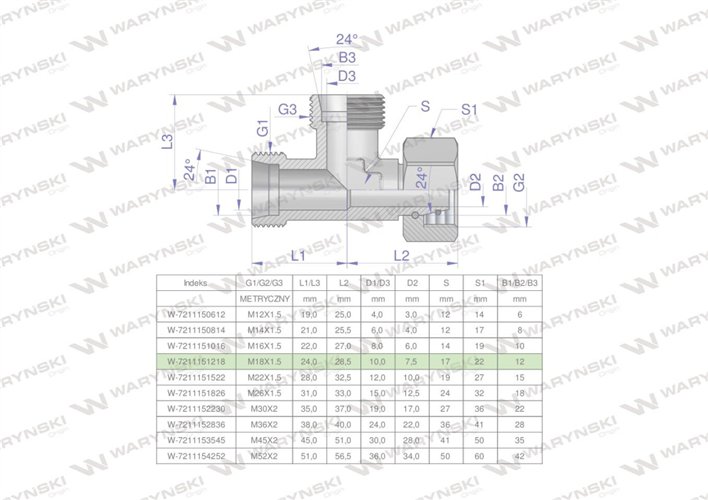 Trójnik hydrauliczny niesymetryczny metryczny BBA M18x1.5 12L (XEVL) Waryński ( sprzedawane po 5 )