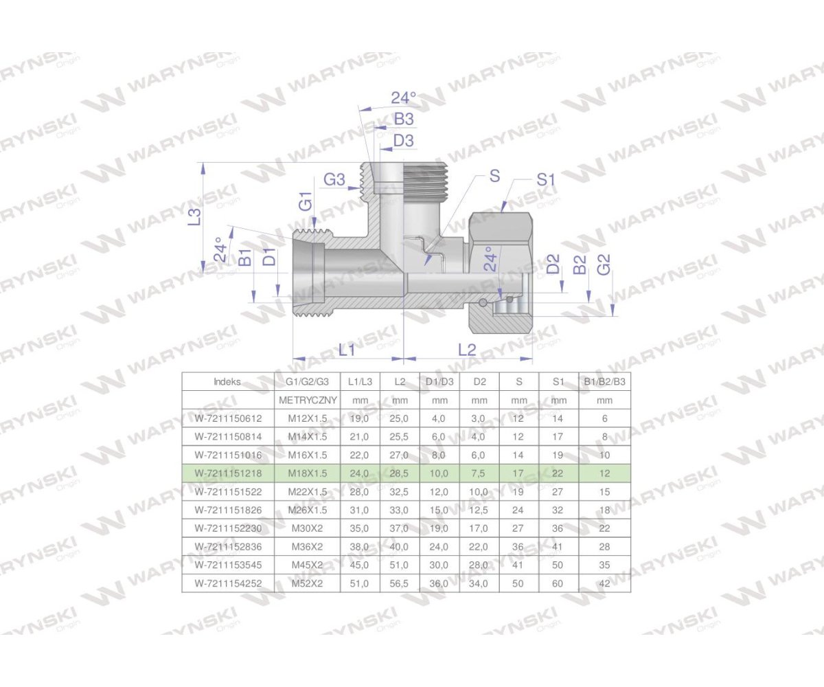 Trójnik hydrauliczny niesymetryczny metryczny BBA M18x1.5 12L (XEVL) Waryński ( sprzedawane po 5 )