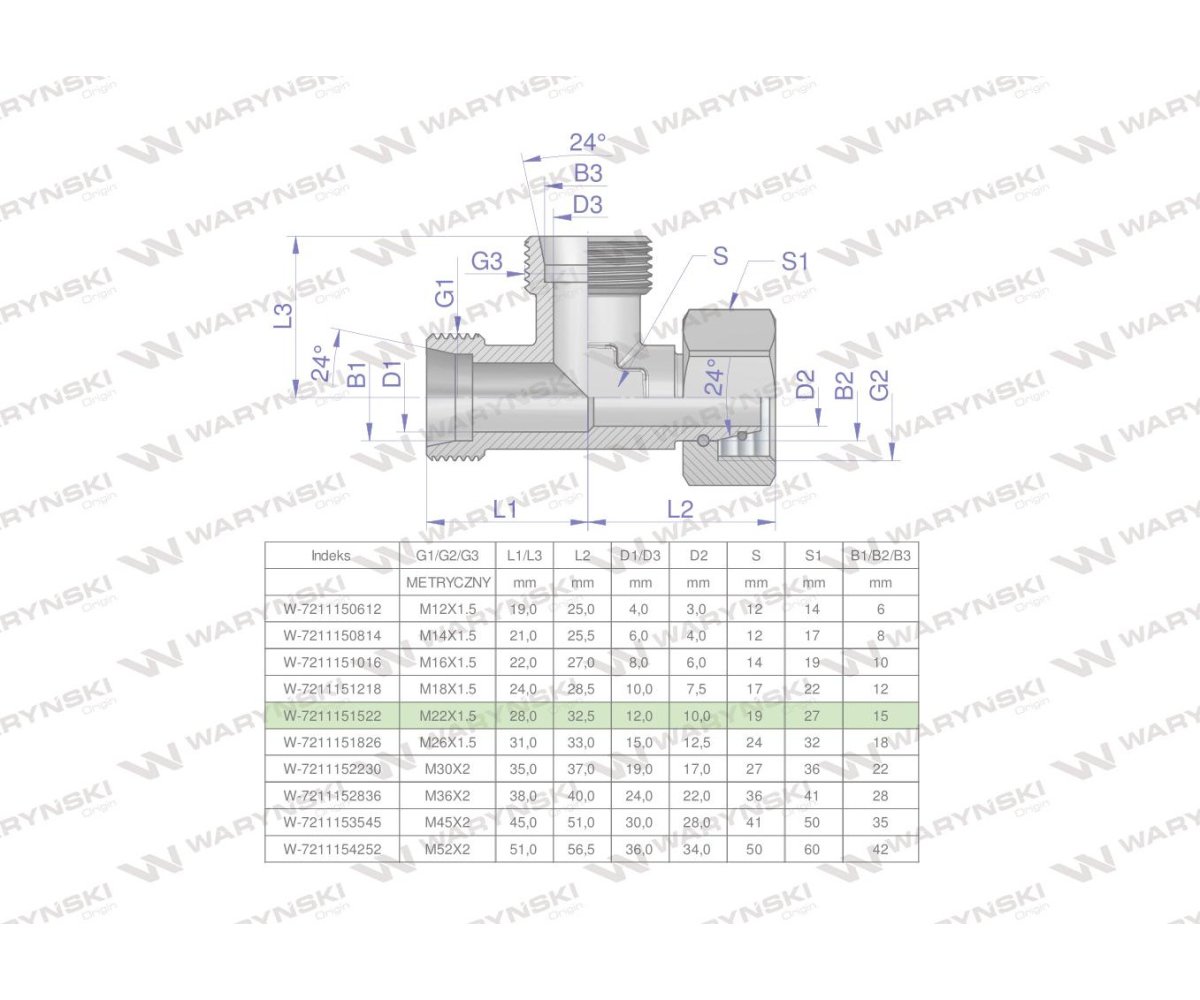 Trójnik hydrauliczny niesymetryczny metryczny BBA M22x1.5 15L (XEVL) Waryński ( sprzedawane po 5 )