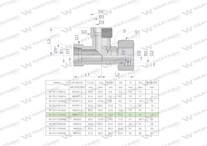 Trójnik hydrauliczny niesymetryczny metryczny BBA M26x1.5 18L (XEVL) Waryński