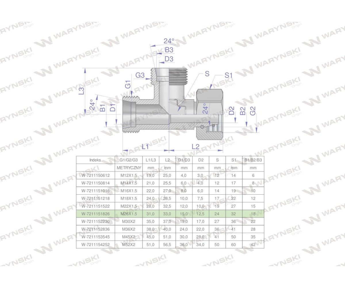 Trójnik hydrauliczny niesymetryczny metryczny BBA M26x1.5 18L (XEVL) Waryński