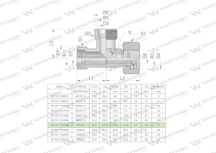 Trójnik hydrauliczny niesymetryczny metryczny BBA M30x2 22L (XEVL) Waryński