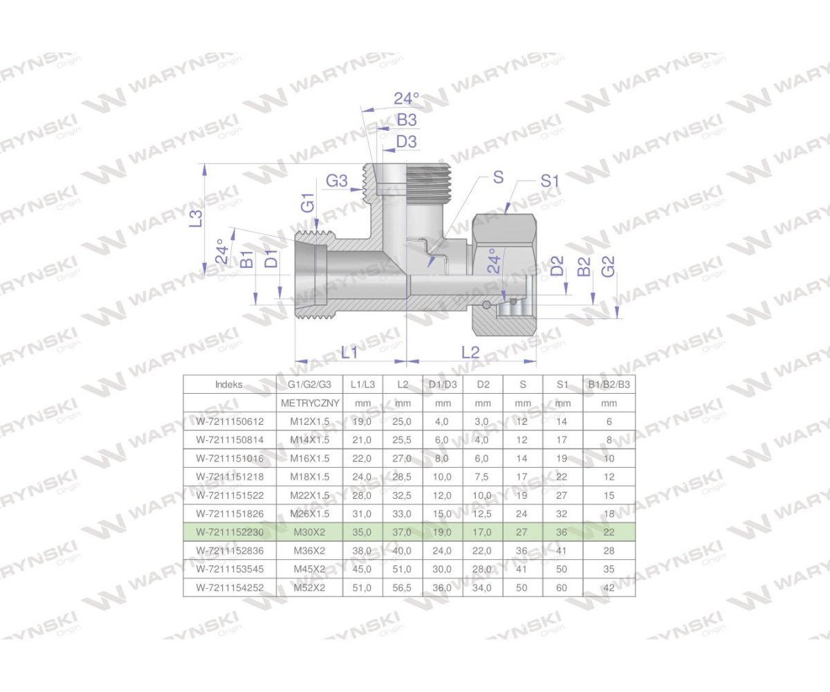 Trójnik hydrauliczny niesymetryczny metryczny BBA M30x2 22L (XEVL) Waryński