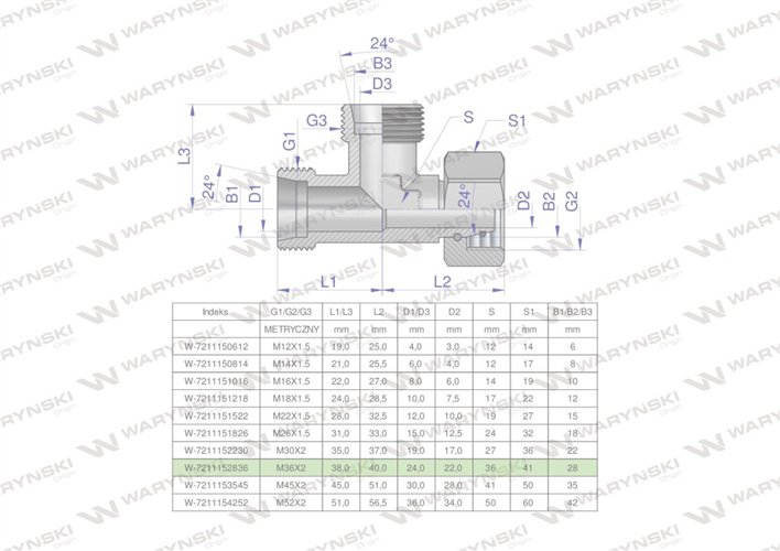 Trójnik hydrauliczny niesymetryczny metryczny BBA M36x2 28L (XEVL) Waryński
