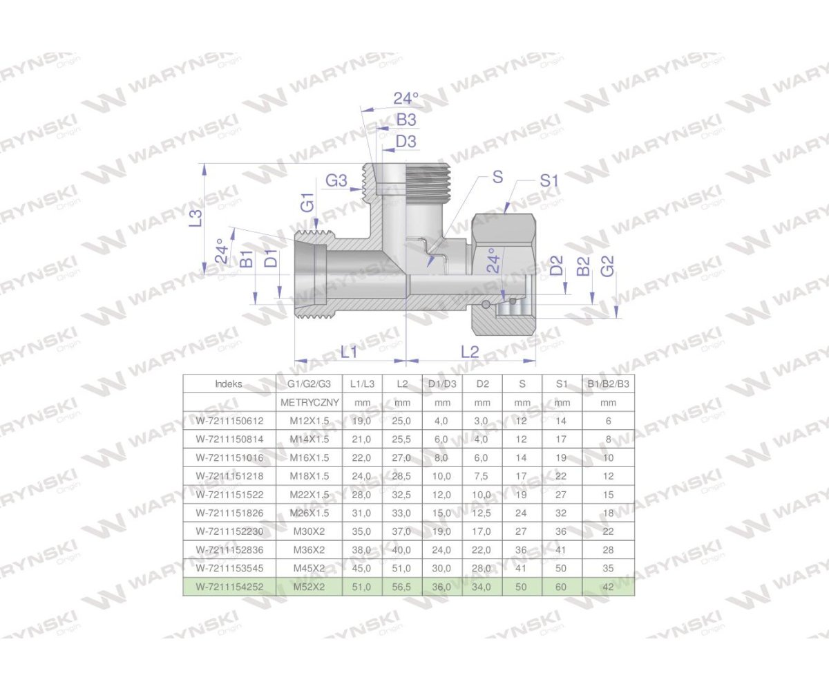 Trójnik hydrauliczny niesymetryczny metryczny BBA M52x4 42L (XEVL) Waryński