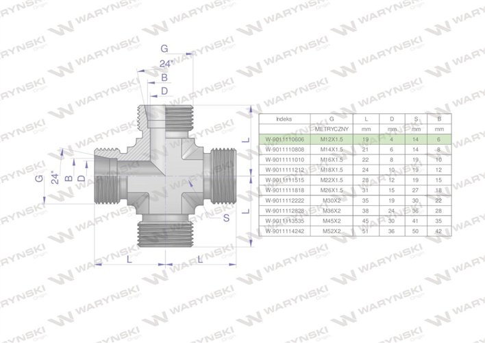 Czwórnik hydrauliczny metryczny BBBB M12x1.5 06L Waryński