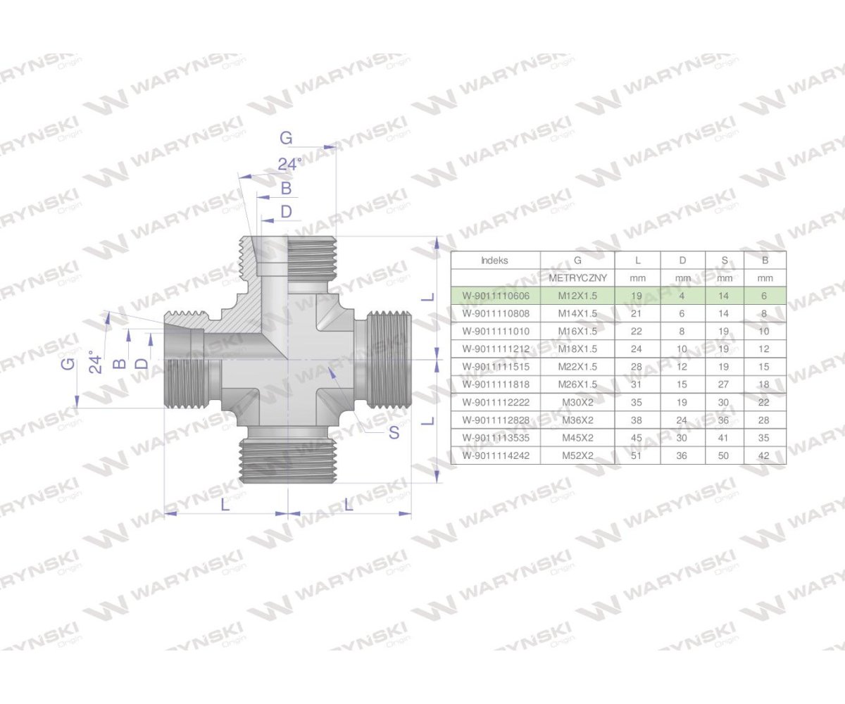 Czwórnik hydrauliczny metryczny BBBB M12x1.5 06L Waryński