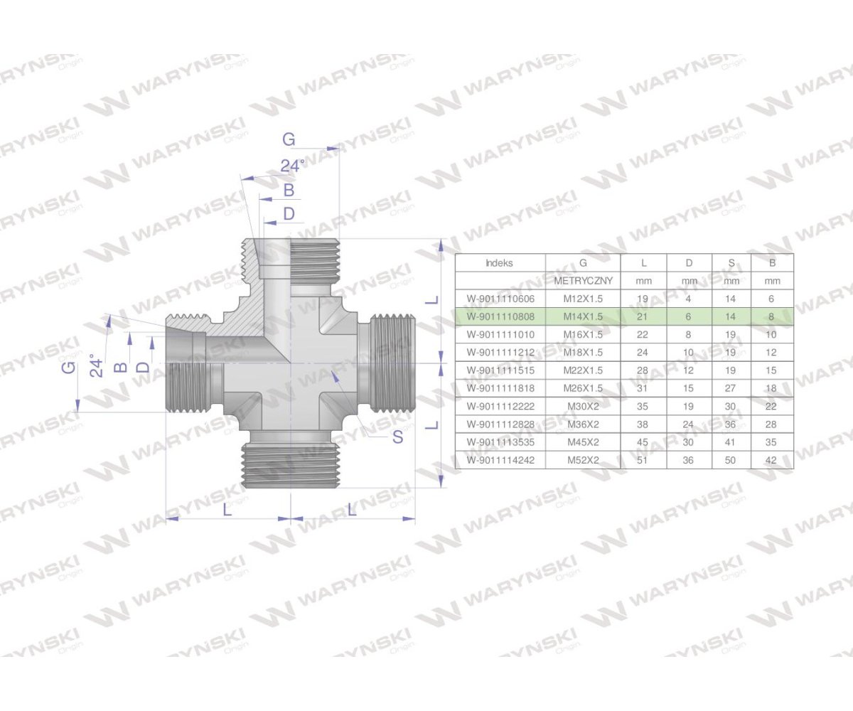 Czwórnik hydrauliczny metryczny BBBB M14x1.5 08L Waryński