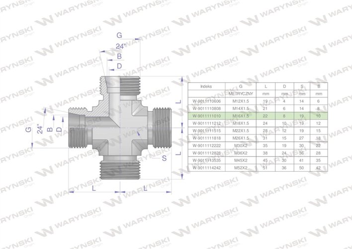Czwórnik hydrauliczny metryczny BBBB M16x1.5 10L Waryński