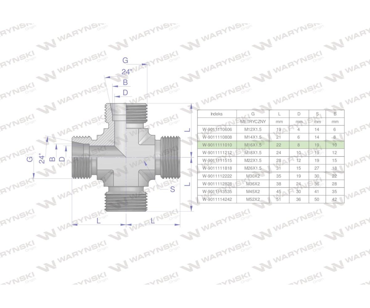 Czwórnik hydrauliczny metryczny BBBB M16x1.5 10L Waryński