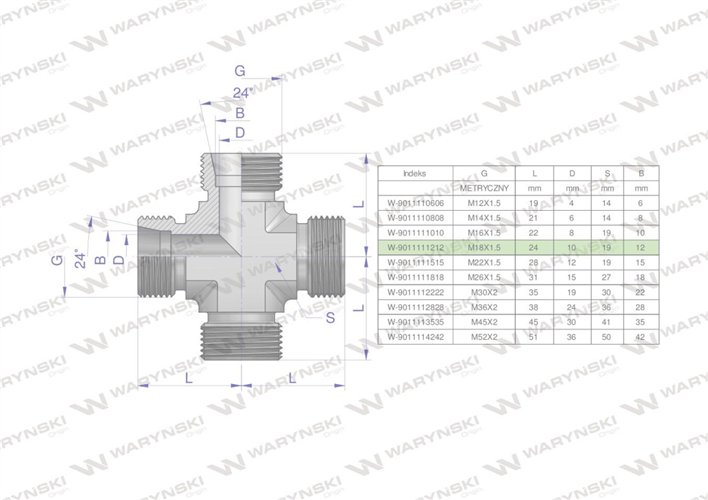 Czwórnik hydrauliczny metryczny BBBB M18x1.5 12L Waryński