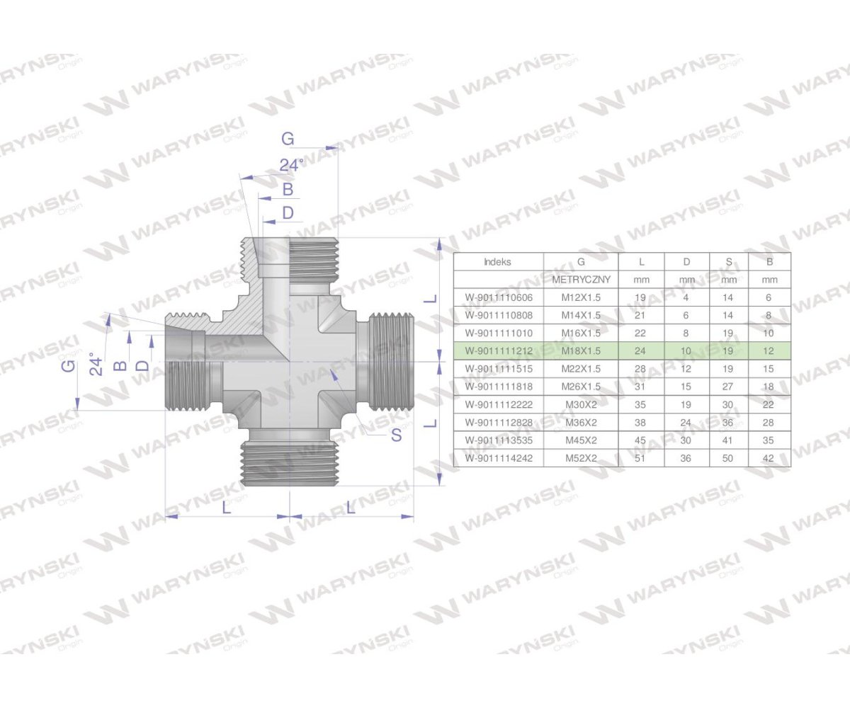 Czwórnik hydrauliczny metryczny BBBB M18x1.5 12L Waryński