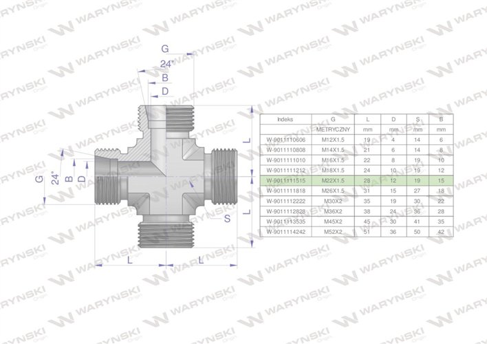 Czwórnik hydrauliczny metryczny BBBB M22x1.5 15L Waryński