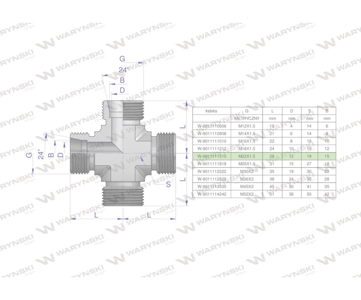 Czwórnik hydrauliczny metryczny BBBB M22x1.5 15L Waryński