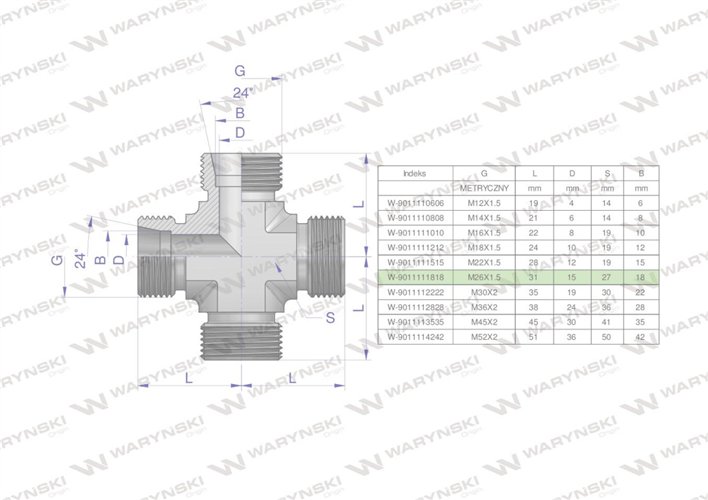 Czwórnik hydrauliczny metryczny BBBB M26x1.5 18L Waryński