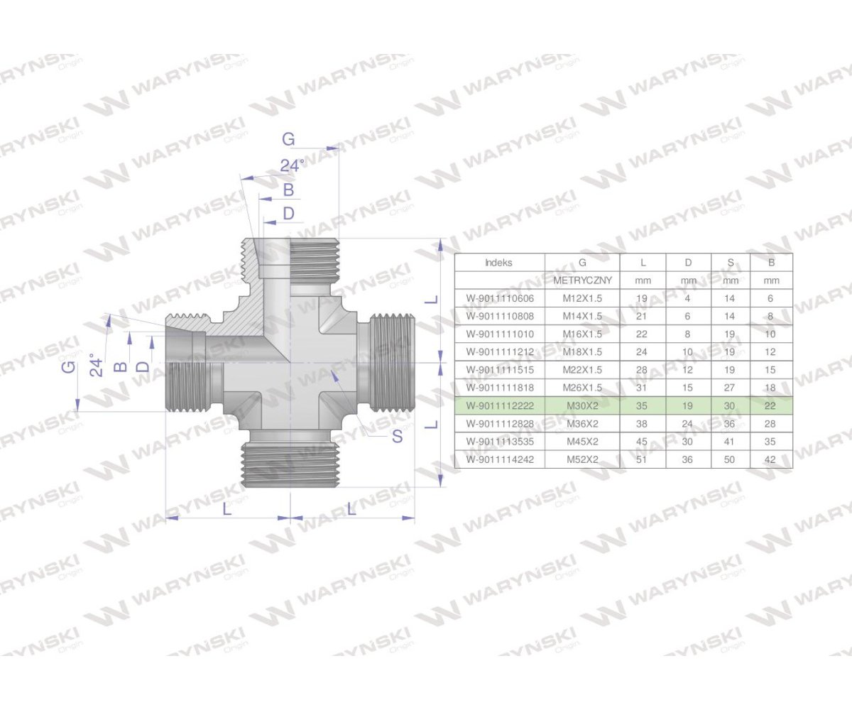 Czwórnik hydrauliczny metryczny BBBB M30x2 22L Waryński