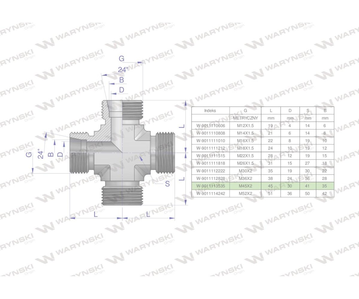 Czwórnik hydrauliczny metryczny BBBB M45x2 35L Waryński