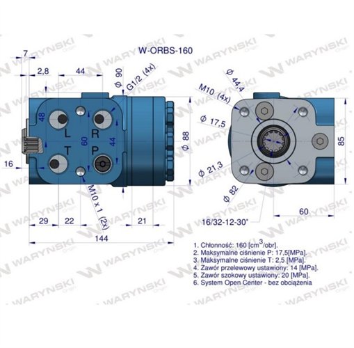 Orbitrol hydrauliczny W-ORBS 160 cm3/obr z zaworami (System Open Center - bez obciążenia) Waryński