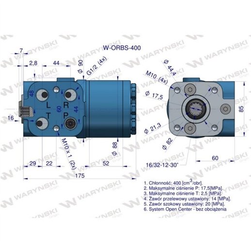 Orbitrol hydrauliczny W-ORBS 400 cm3/obr z zaworami (System Open Center - bez obciążenia) Waryński