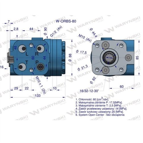 Orbitrol hydrauliczny W-ORBS 80 cm3/obr z zaworami (System Open Center - bez obciążenia) Waryński