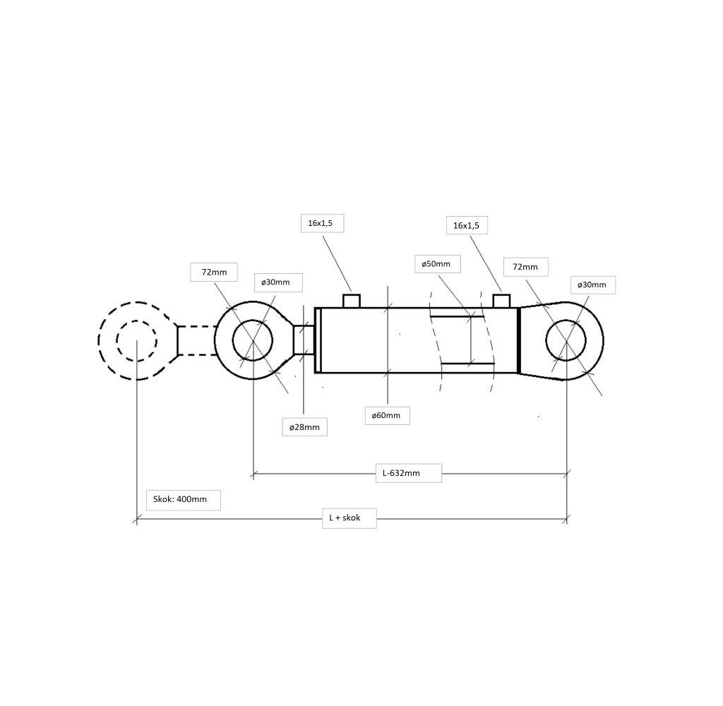 Cylinder hydrauliczny - siłownik dwustronny (sworzeń 30mm) CJ2F-50/28-400