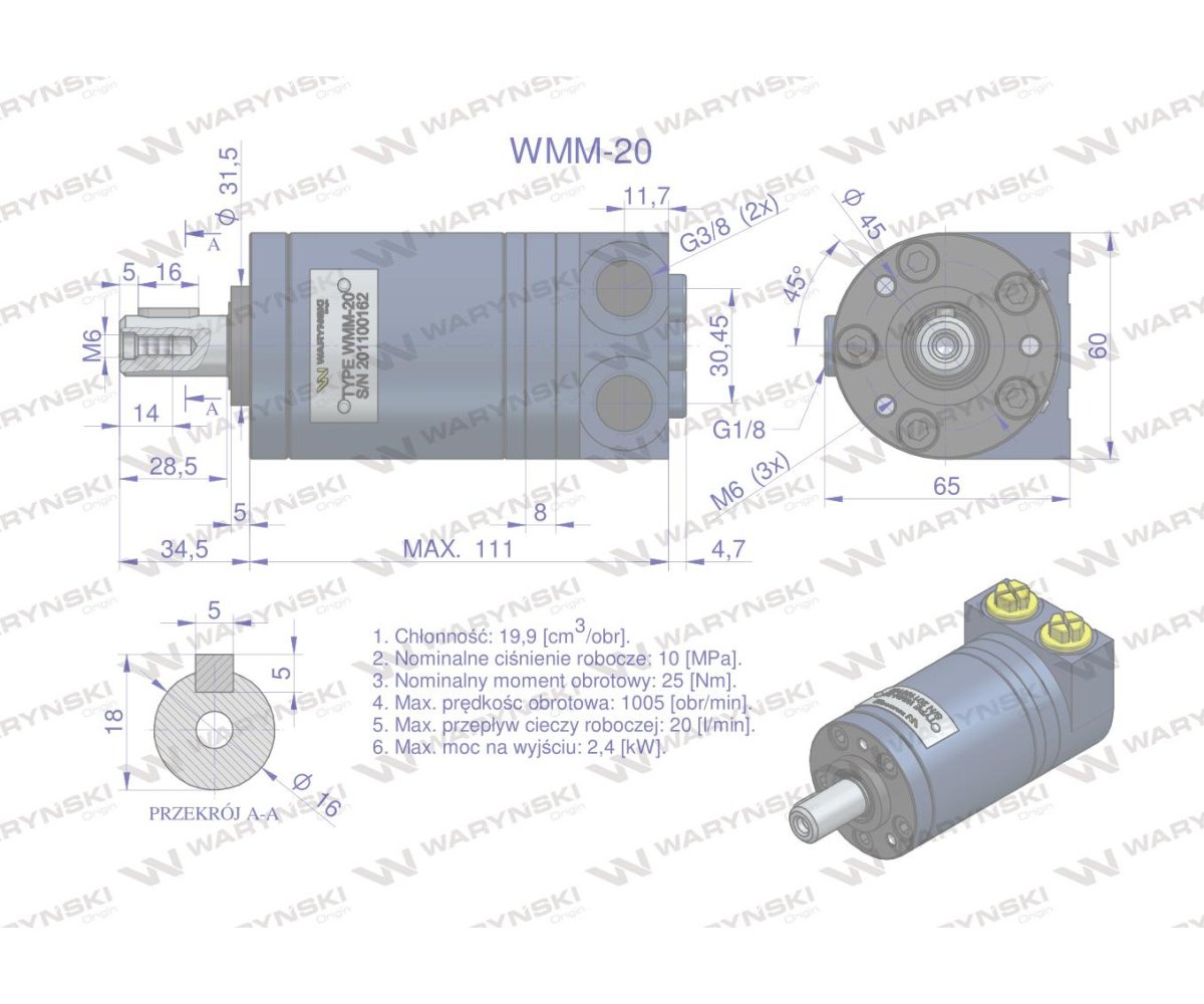 Silnik hydrauliczny orbitalny WMM 20 cm3/obr (100 bar / max.140 bar) Waryński