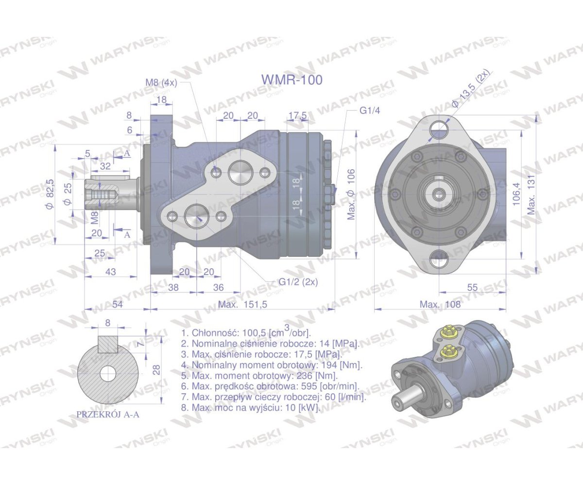 Silnik hydrauliczny orbitalny WMR 100 cm3/obr (140 bar / max.200 bar) Waryński