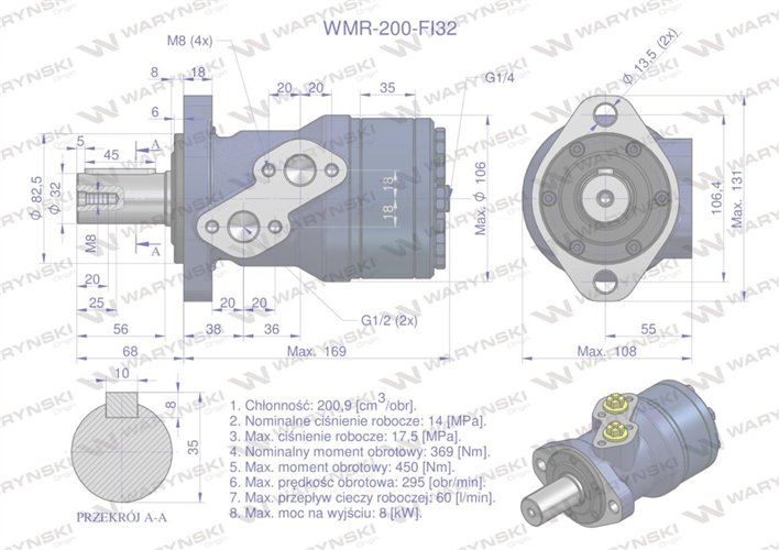 Silnik hydrauliczny orbitalny WMR 200 cm3/obr z wałkiem fi 32mm (140 bar / max.200 bar) Waryński