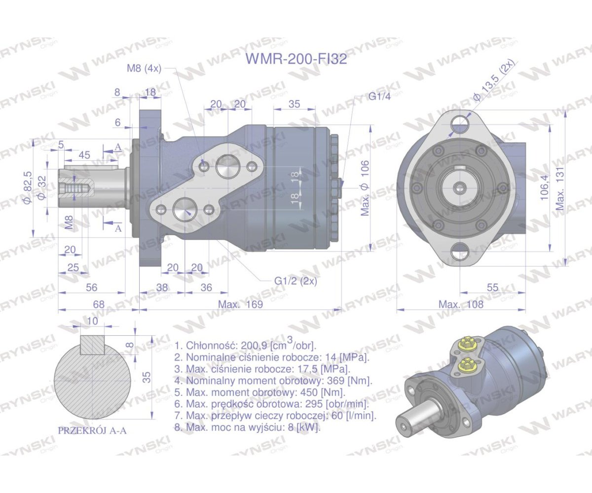 Silnik hydrauliczny orbitalny WMR 200 cm3/obr z wałkiem fi 32mm (140 bar / max.200 bar) Waryński
