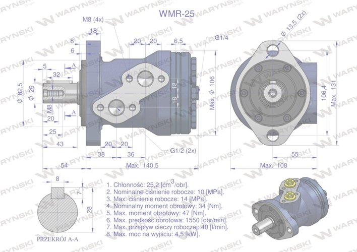 Silnik hydrauliczny orbitalny WMR 25 cm3/obr (100 bar / max.200 bar) Waryński