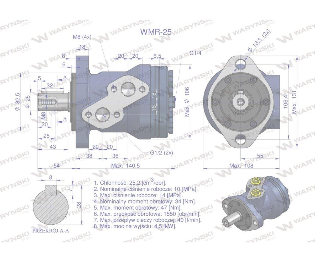 Silnik hydrauliczny orbitalny WMR 25 cm3/obr (100 bar / max.200 bar) Waryński