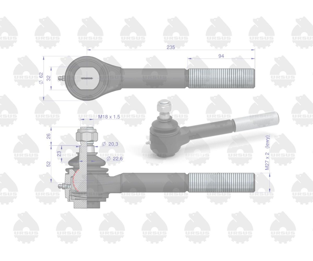 Przegub kulowy długi lewy gwintowany z nakrętką C-385 ORYGINAŁ URSUS