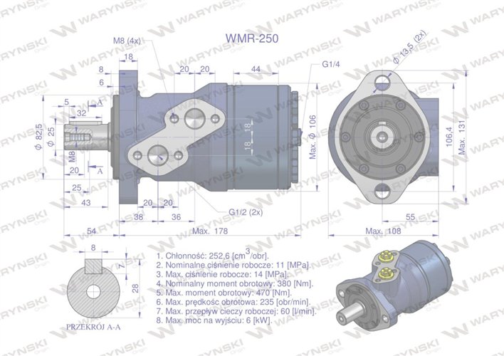 Silnik hydrauliczny orbitalny WMR 250 cm3/obr (110 bar / max.160 bar) Waryński