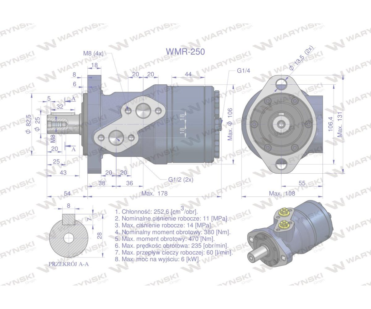 Silnik hydrauliczny orbitalny WMR 250 cm3/obr (110 bar / max.160 bar) Waryński