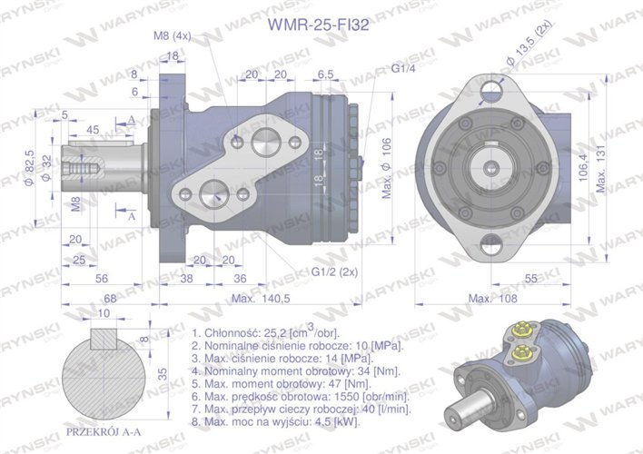 Silnik hydrauliczny orbitalny WMR 25 cm3/obr z wałkiem fi 32mm (100 bar / max.200 bar) Waryński