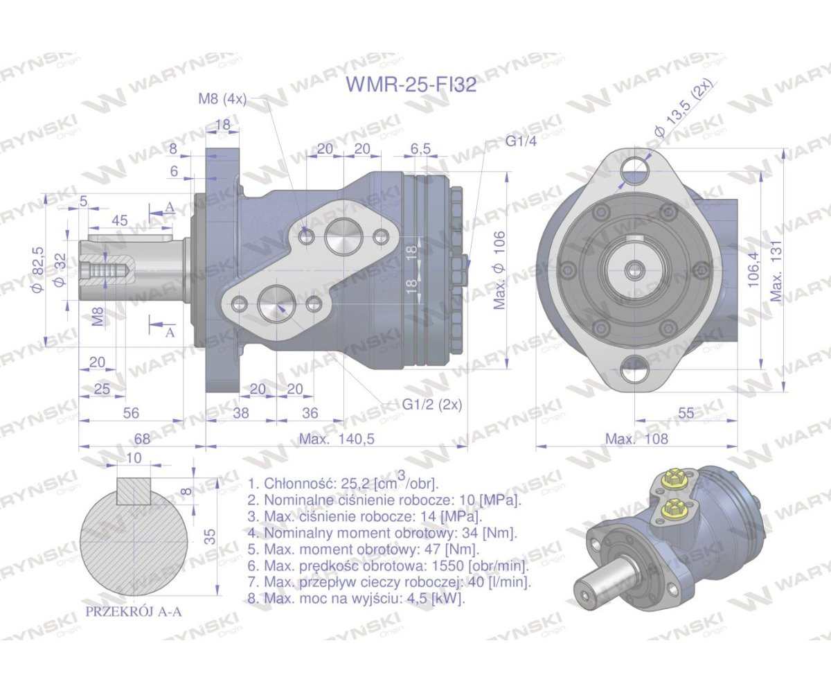 Silnik hydrauliczny orbitalny WMR 25 cm3/obr z wałkiem fi 32mm (100 bar / max.200 bar) Waryński