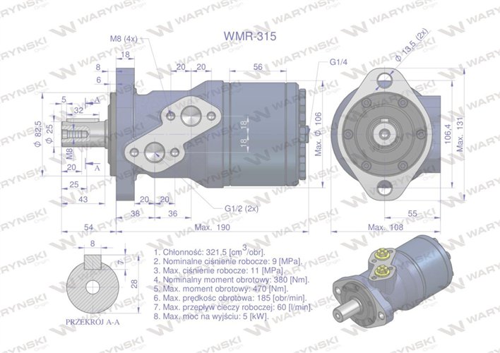 Silnik hydrauliczny orbitalny WMR 315 cm3/obr (90 bar / max.130 bar) Waryński