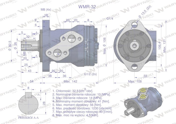 Silnik hydrauliczny orbitalny WMR 32 cm3/obr (100 bar / max.200 bar) Waryński