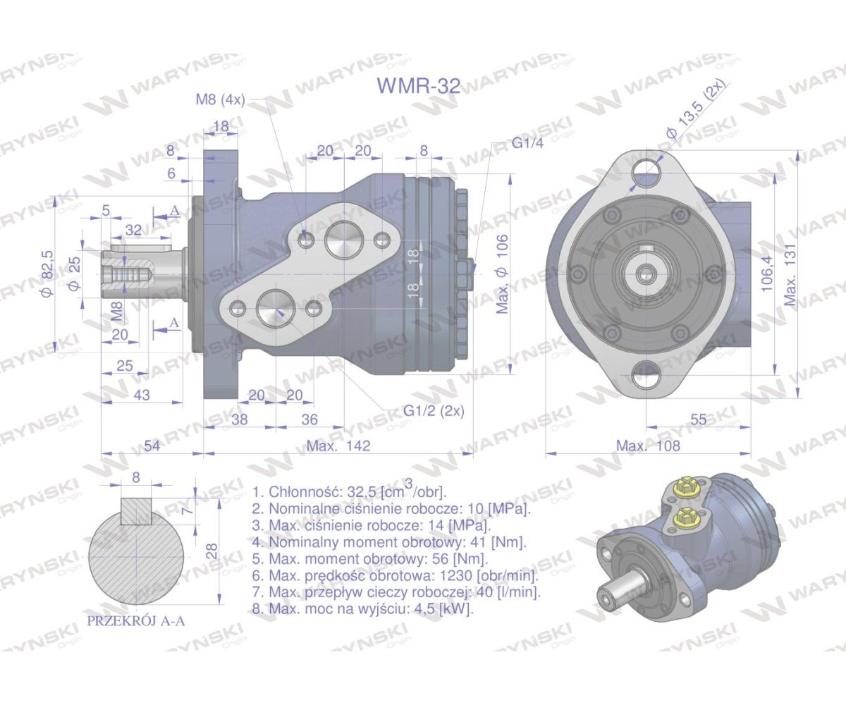 Silnik hydrauliczny orbitalny WMR 32 cm3/obr (100 bar / max.200 bar) Waryński