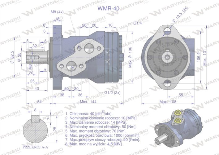 Silnik hydrauliczny orbitalny WMR 40 cm3/obr (100 bar / max.200 bar) Waryński