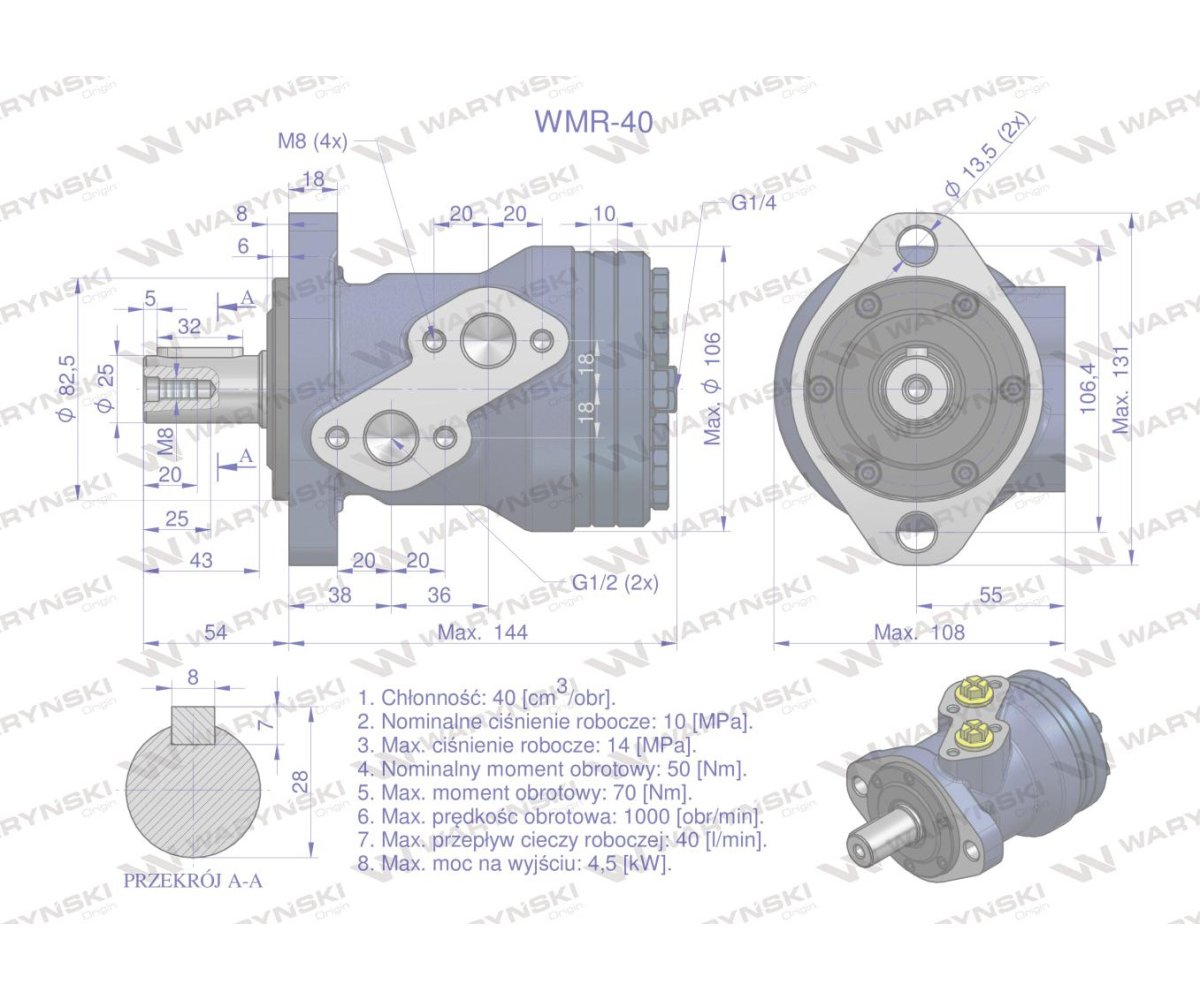 Silnik hydrauliczny orbitalny WMR 40 cm3/obr (100 bar / max.200 bar) Waryński