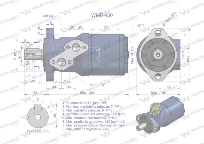 Silnik hydrauliczny orbitalny WMR 400 cm3/obr (70 bar / max.110 bar) Waryński