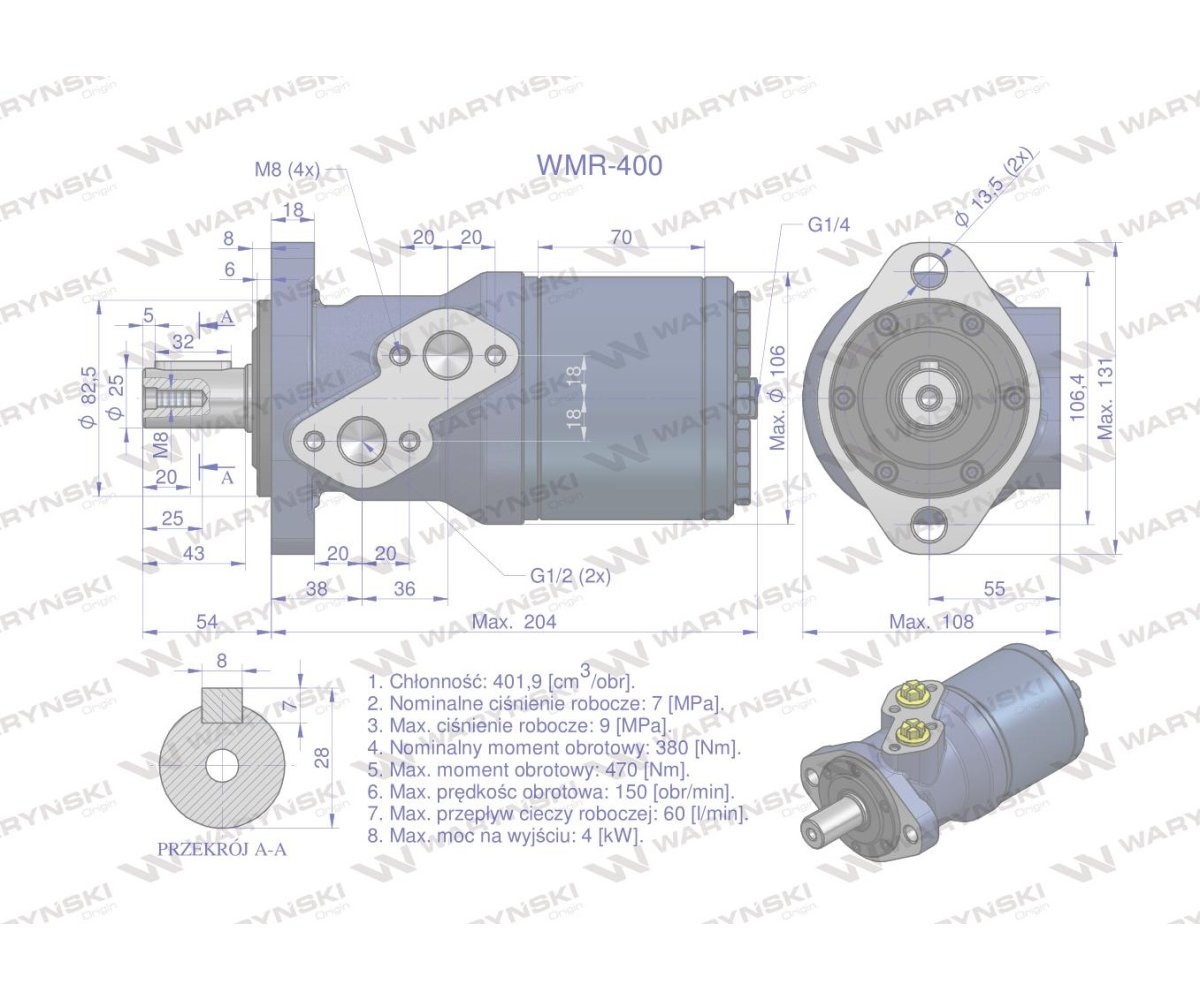 Silnik hydrauliczny orbitalny WMR 400 cm3/obr (70 bar / max.110 bar) Waryński