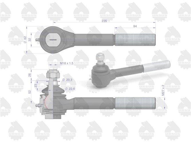 Przegub kulowy długi prawy gwintowany z nakrętką C-385 ORYGINAŁ URSUS